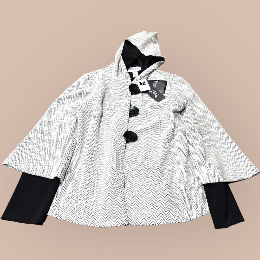 Joseph Ribkoff Jacket Womens 10 Black White Textured Chevron Hooded Button Front